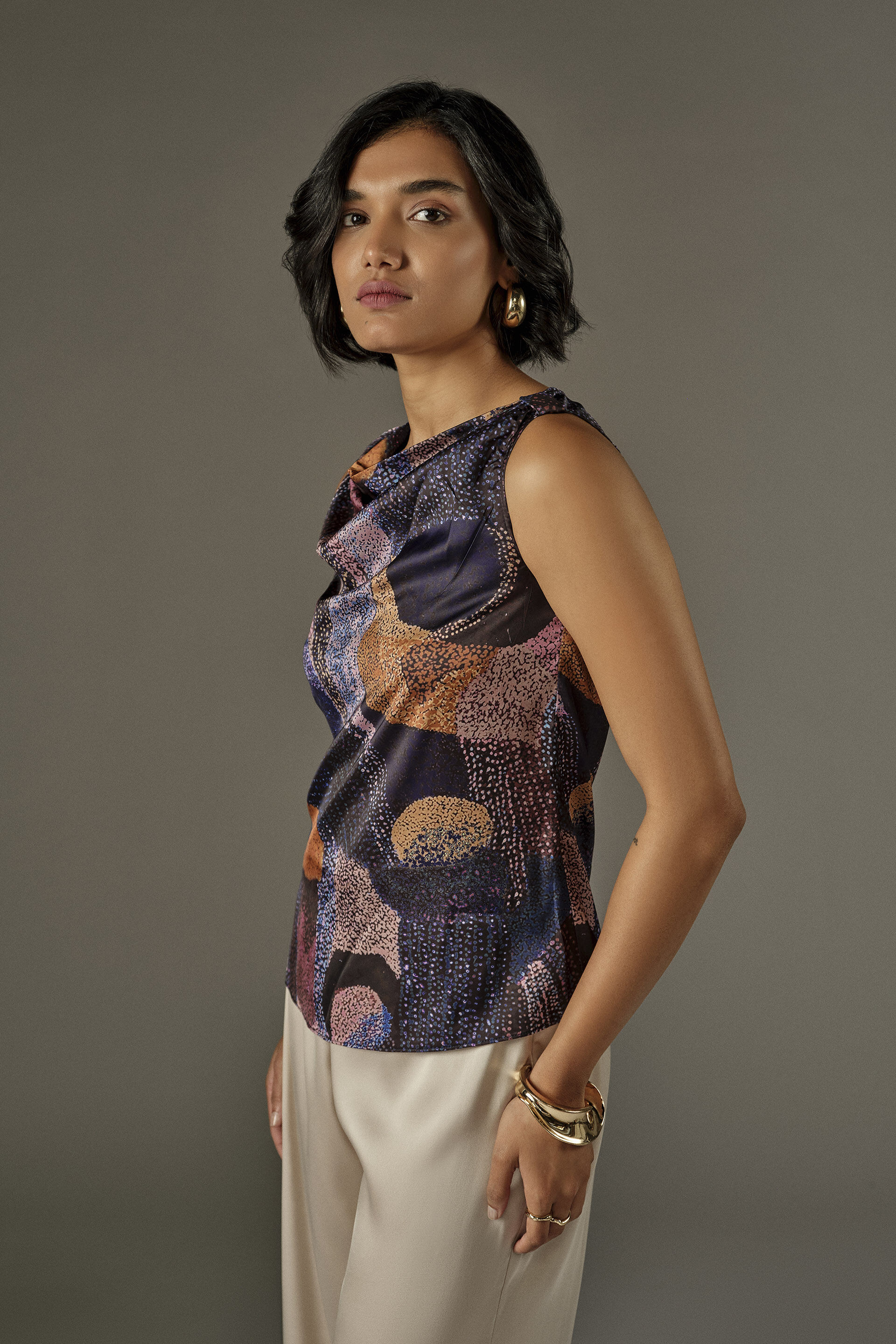 Slant Cowl Neck Top in Navy, Blue, image 4